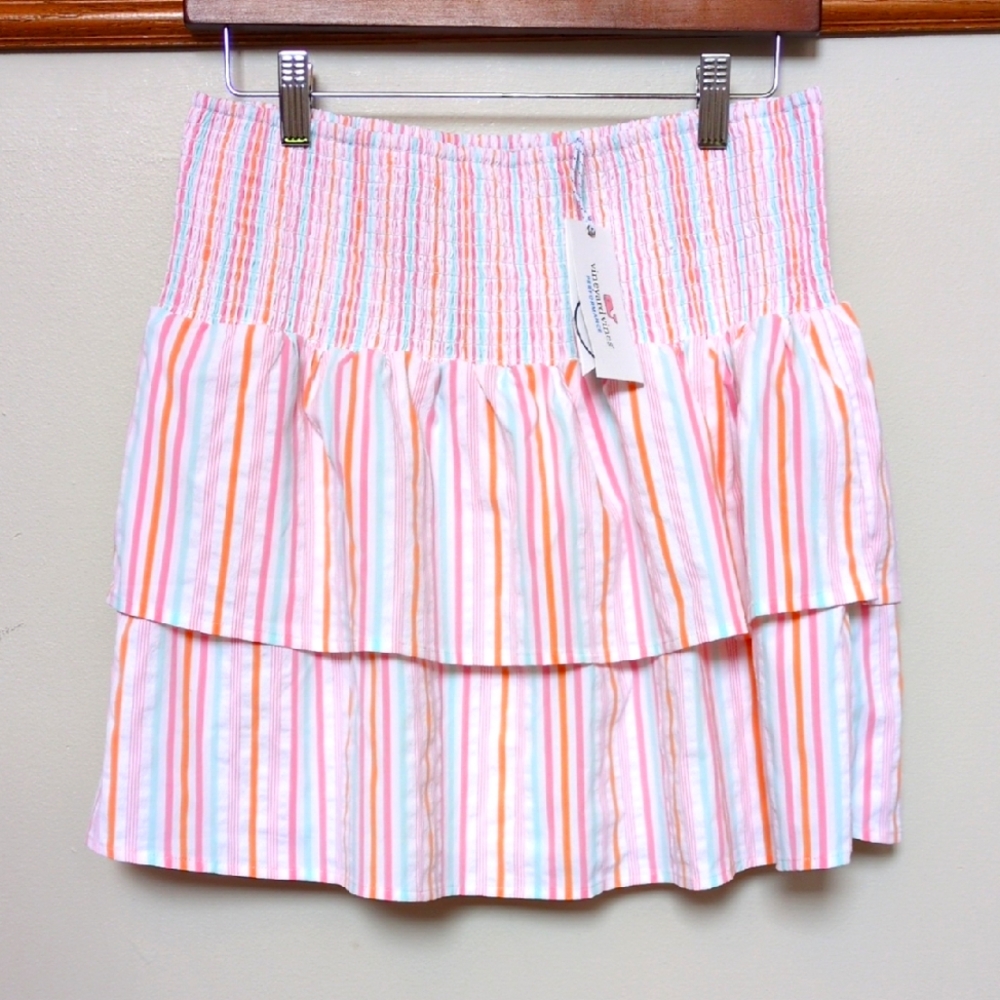 NWT M Vineyard Vines Performance Seersucker Striped Tiered Harbor Smocked Skirt